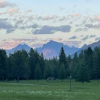 green meadow, trees, mountain range and colorful sky