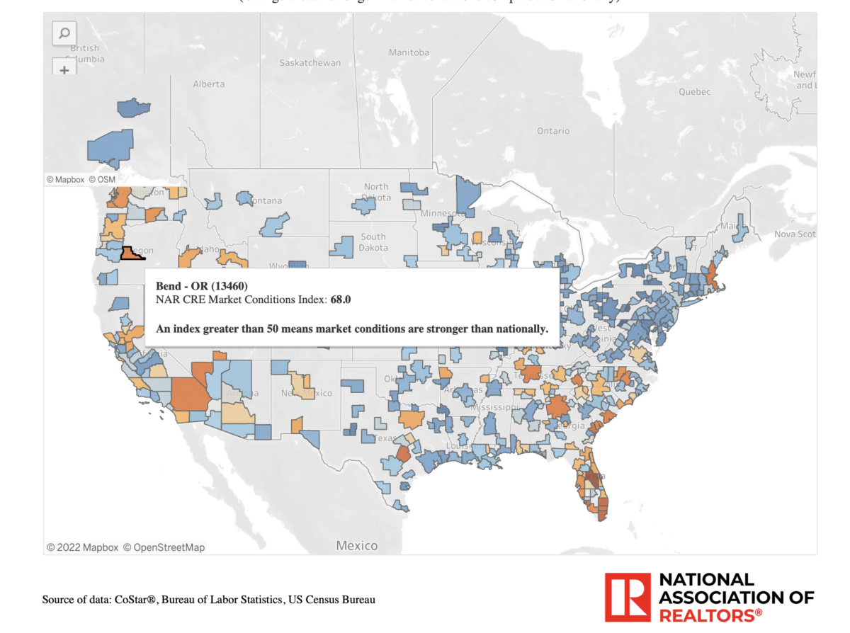 Map of US with NAR CRE Market Contions Index noting Bend Oregon