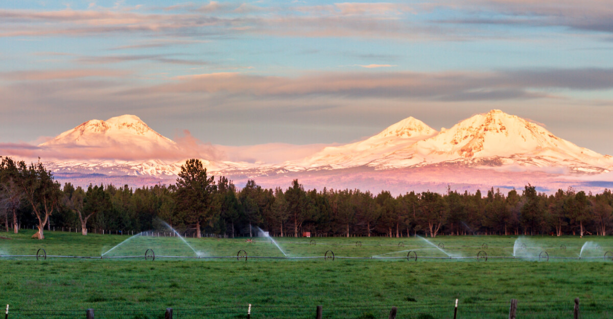 Central Oregon cascade mountains with grass being irrigated in the foreground