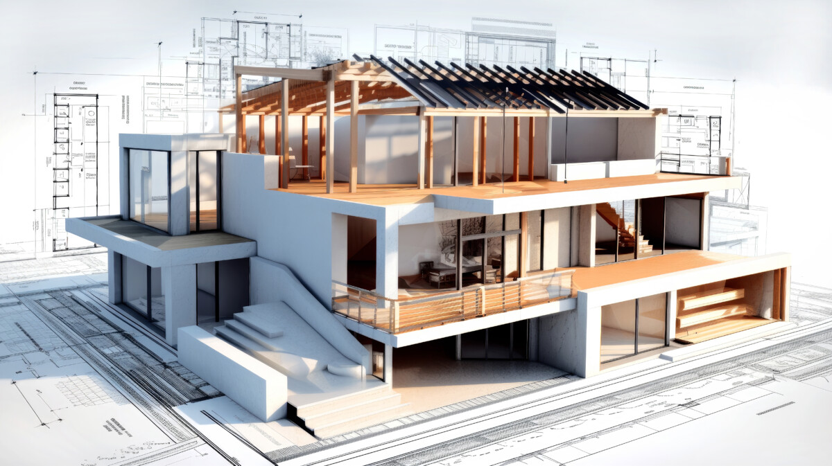 Building house on blueprints - construction project. Generative