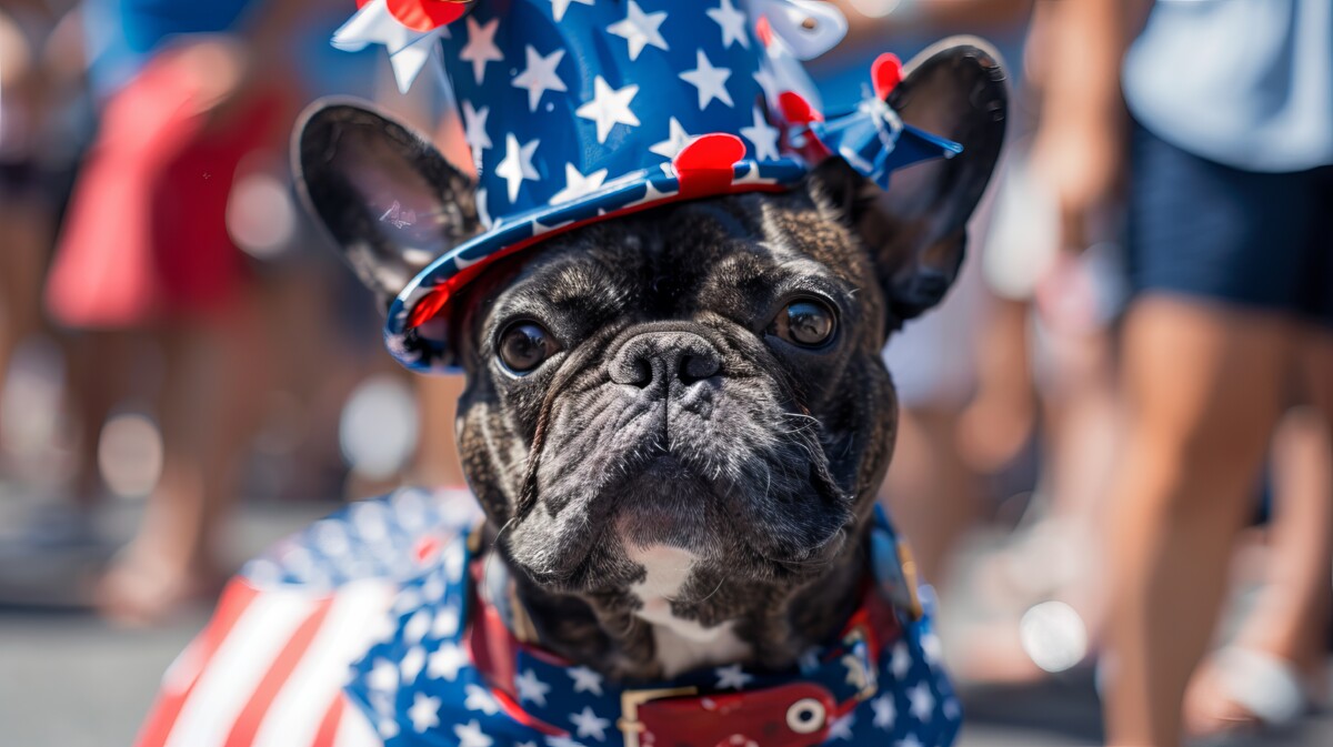 dog dressed in patriotic costume for 4th of July Parade